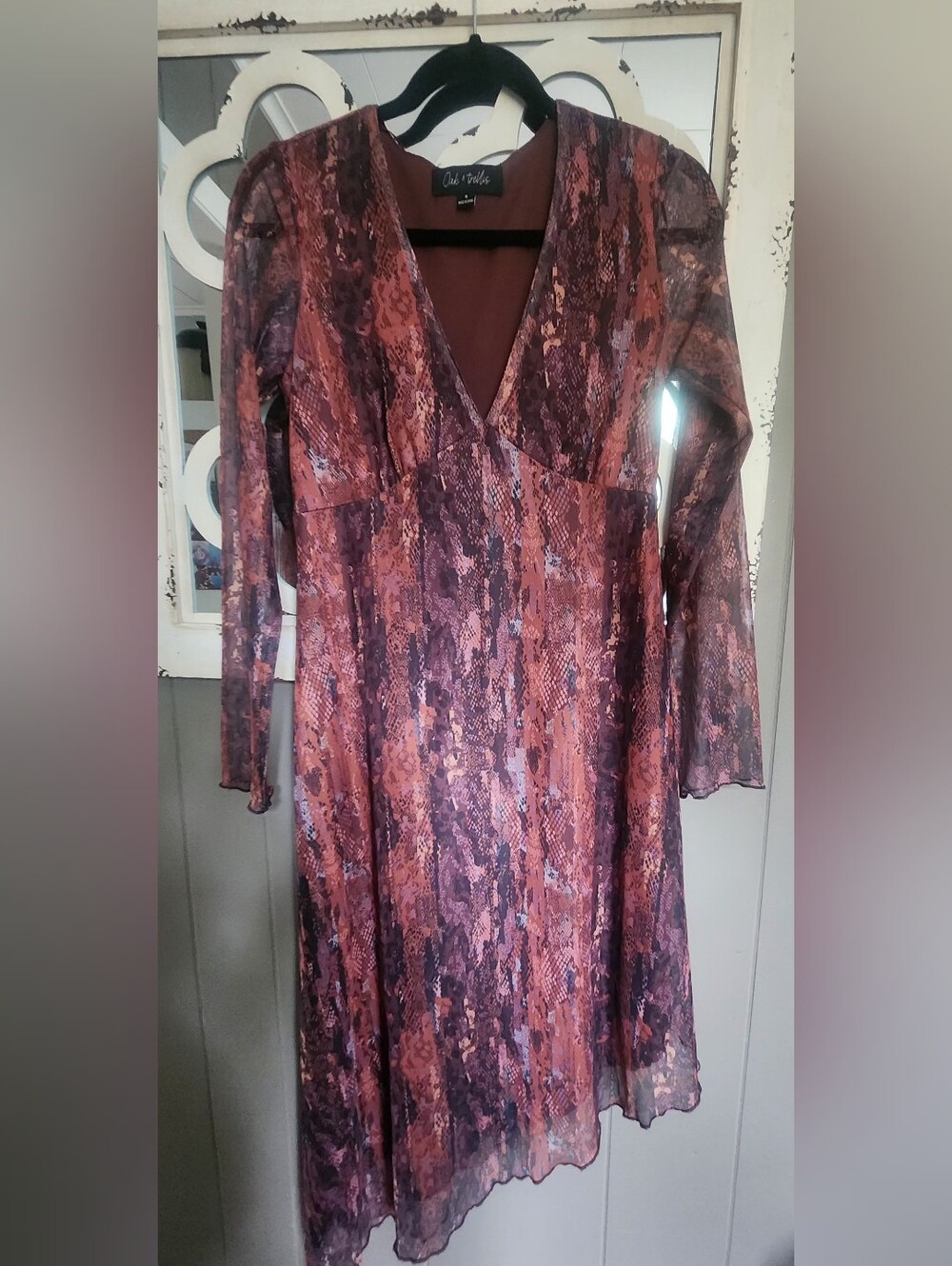 NWOT Women's Brown Snake-Print V-Neck Long Sleeve Dress